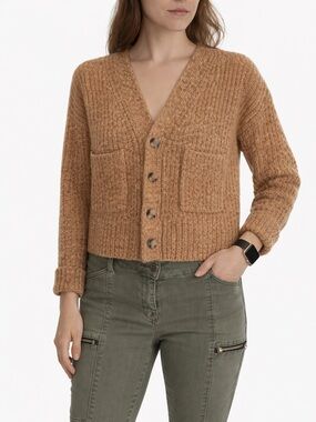 Madewell Camel Brown Ribbed Cardigan XS Button Front Cropped Cozy Knit Sweater